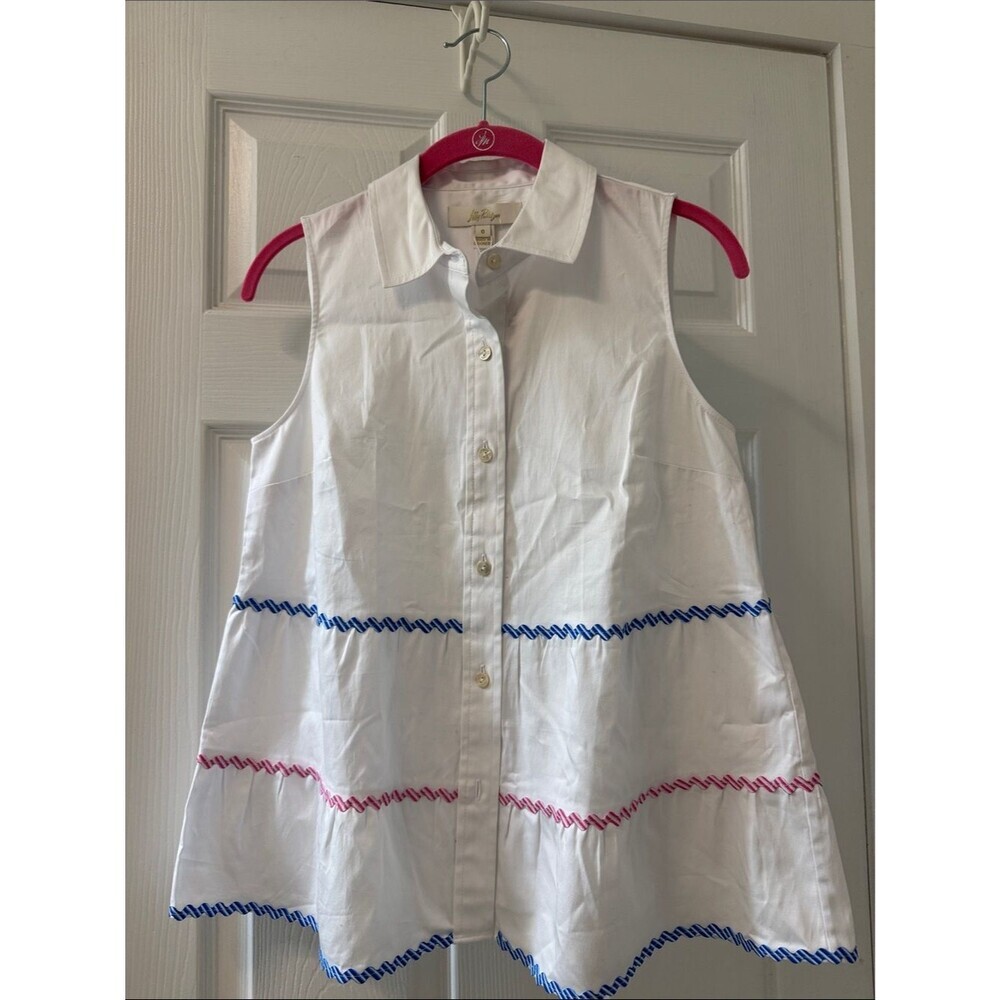Lilly Pulitzer White Cotton Blend Sleeveless Button Down with Blue and Pink Trim
